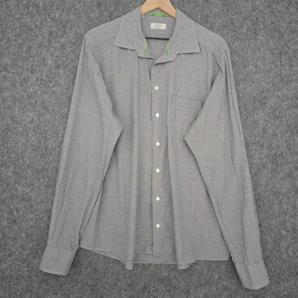 Eton Shirt Mens 44 x 17.5 XL Black White Houndstooth Dress Cotton Button Up